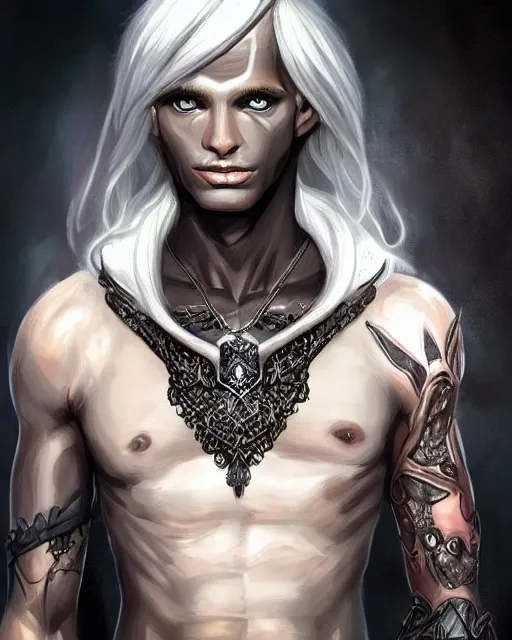 Image similar to portrait of a feminine male dark elf, dark obsidian skin, white tatoo, long hair, fantasy, elegant, intricate, highly detailed, digital painting, artstation, concept art, sharp focus, illustration