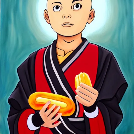 Image similar to a painting portrait of the last airbender in an arsenal jersey holding a hot dog,