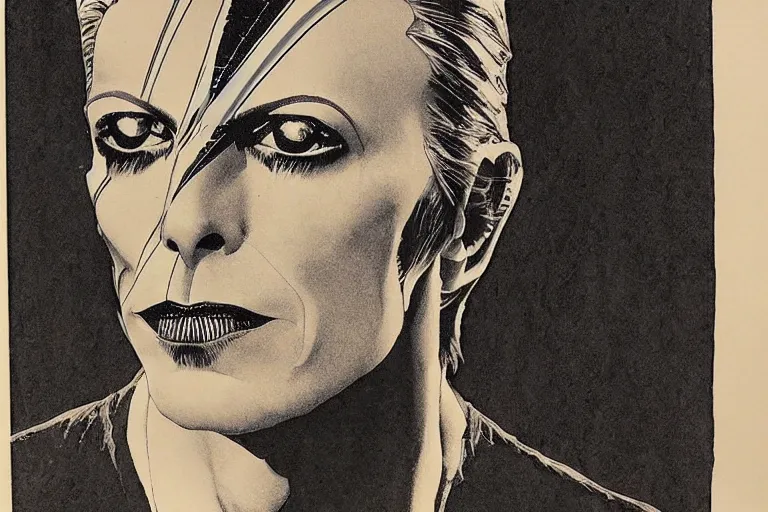 Prompt: david bowie aladdin sane by ed fairburn, joseph clement coll, franklin booth