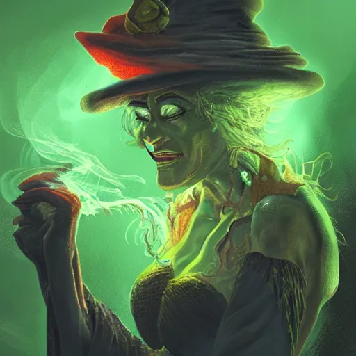 Image similar to wide shot of an old fire witch brewing in the style of flooko, detailed, fire, smoke, realism, realistic, hyper detailed, green lighting, ambient lighting, smoke, haze,