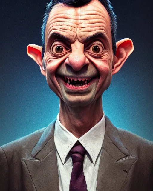 Image similar to portrait of mr bean goblin. intricate abstract. intricate artwork, by tooth wu, wlop, beeple, dan mumford. concept art, octane render, trending on artstation, greg rutkowski very coherent symmetrical artwork. cinematic, key art, hyper realism, high detail, octane render, 8 k, iridescent accents