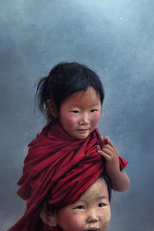 Image similar to Tibetan little girl, joyful, close-up portrait, intricate, elegant, volumetric lighting, scenery, digital painting, highly detailed, artstation, sharp focus, illustration, concept art, ruan jia, steve mccurry