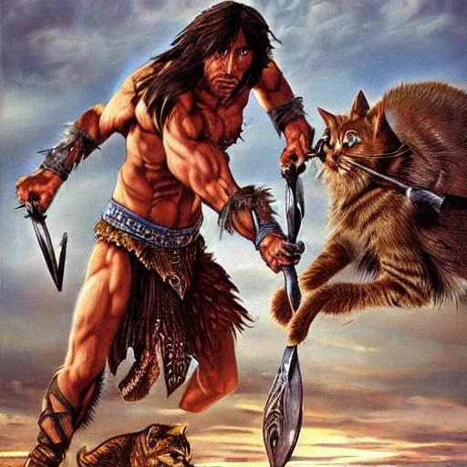 Image similar to highly detailed fantasy art of a weak and skinny conan the barbarian fighting a malnourished kitten