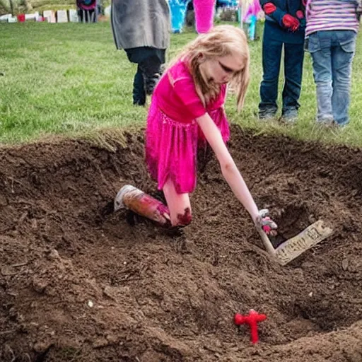 Image similar to A girl digs a grave to bury a creepy dead clown, dramatic, horror