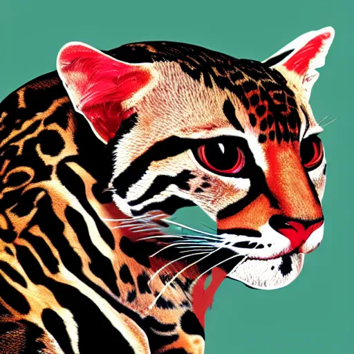 Image similar to abstract logo drawing of profile shot of a black and red ocelot with black background, high contrast, 4k