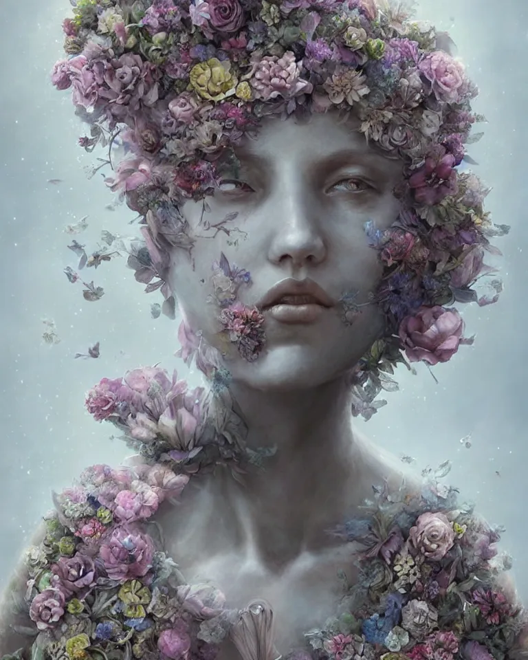 Image similar to portrait of a beautiful ethereal female made of concrete made of flowers made of mist, Andrew Ferez, Charlie Bowater, Marco Mazzoni, Seb McKinnon, Ryohei Hase, trending on cgsociety, featured on zbrush central, new sculpture, mystical