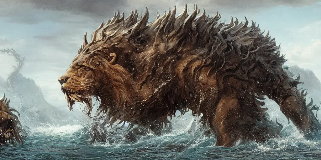 Prompt: a beast rising out of the sea with seven heads and ten horns, a leopard-like body, bear-like feet, and a lion-like mouth, a matte masterpiece by Allen Williams and Greg Rutkowski
