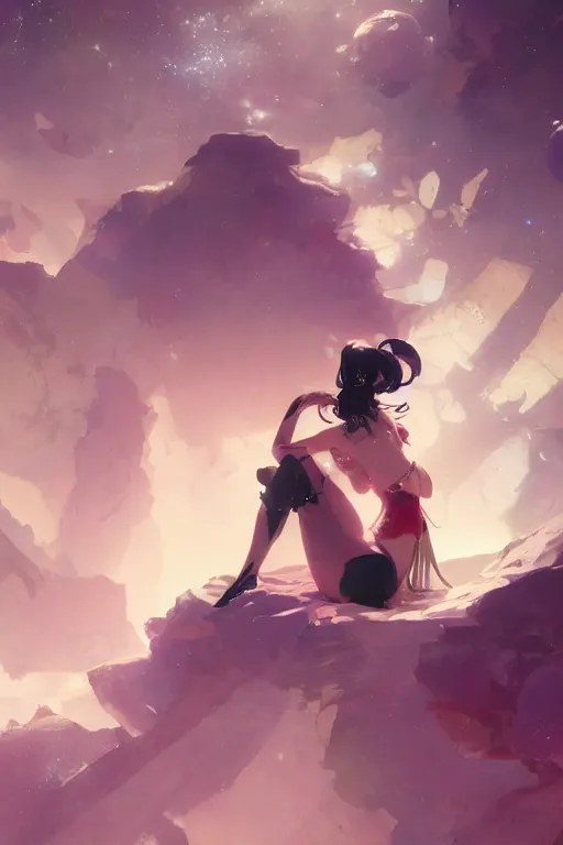 Image similar to A beautiful whimsical woman sitting on a bed of crystals below planets, cinematic lighting, dramatic atmosphere, by Dustin Nguyen, Akihiko Yoshida, Greg Tocchini, Greg Rutkowski, Cliff Chiang, 4k resolution, trending on artstation