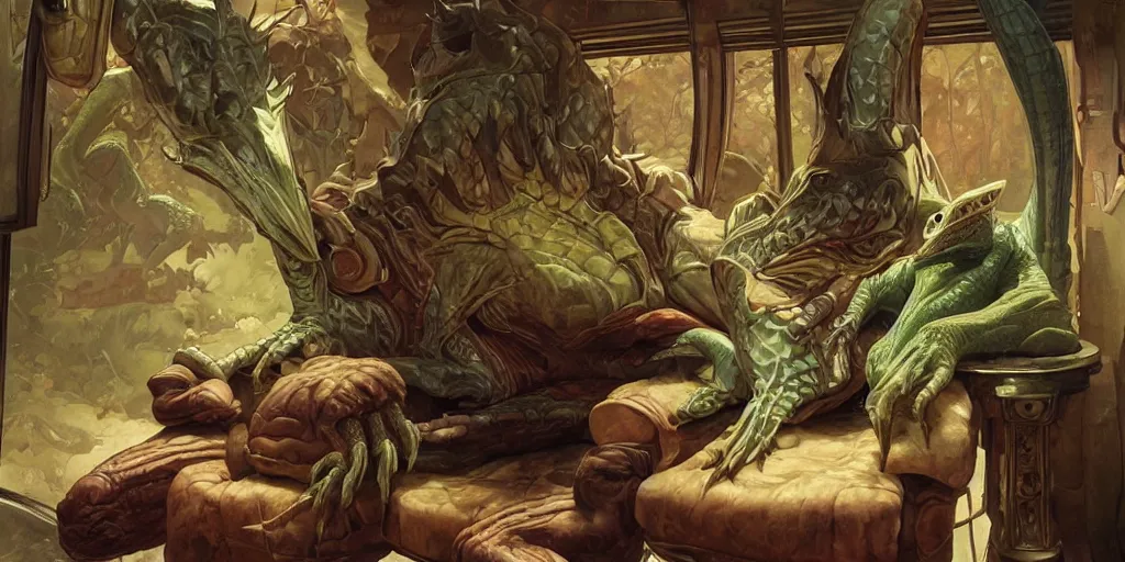 Image similar to lizardman lounging in a chair in front of an oven, fantasy, highly detailed, digital painting, concept art, matte, sharp focus, illustration by artgerm, art by greg rutkowski, art by alphonse mucha