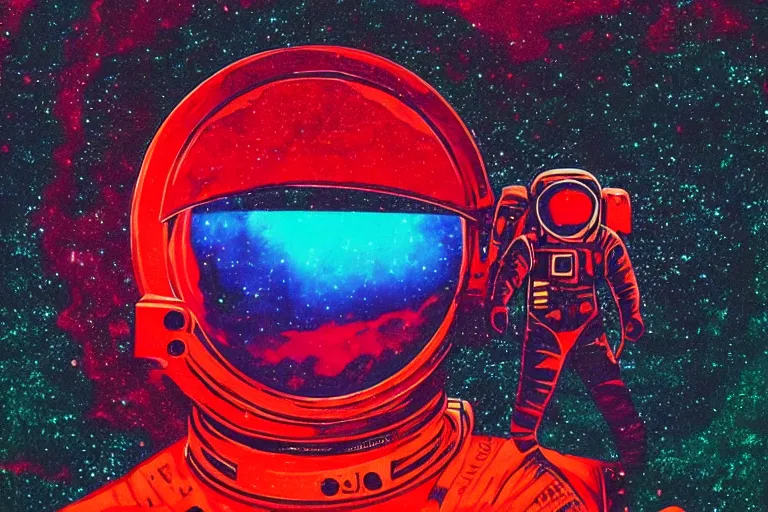 Prompt: an astronaut standing on mars in the style of flooko, acrylic art, detailed, moonlight, red lighting, bokeh, synthwave, psychedelic, glitch, neon,