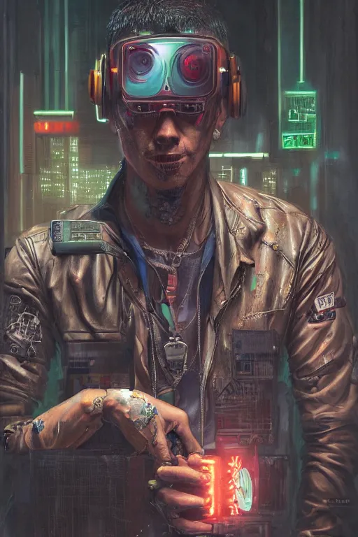 Image similar to illustration of an male cyberpunk character wearing bionic implants, criminal mugshot, gritty, gritty, highly detailed, oil on canvas, soft lighting, neon pastel colors, by WLOP and Greg Staples, HD, 4K