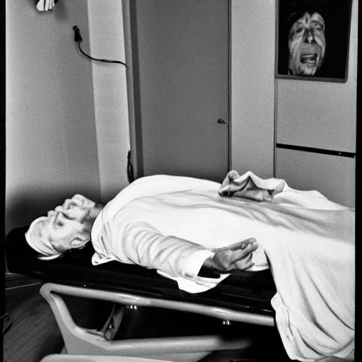 Prompt: hd professional medical photograph of a man lying in a hospital gurney possessed by a dybbuk