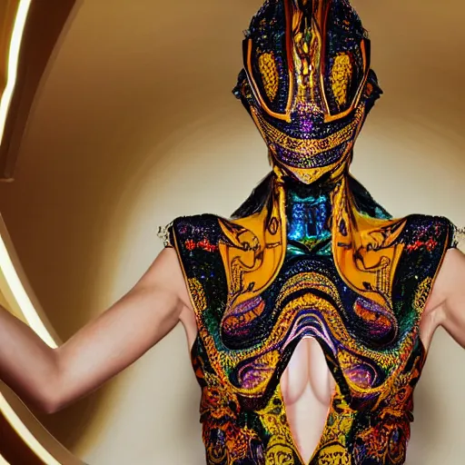 Prompt: close up of a female fashion model in year 3000 in art-deco entrance hall, model wearing a huge surreal Avant-garde helmet that looks like an octopus colored gold, photography , official Versace editorial , highly detailed