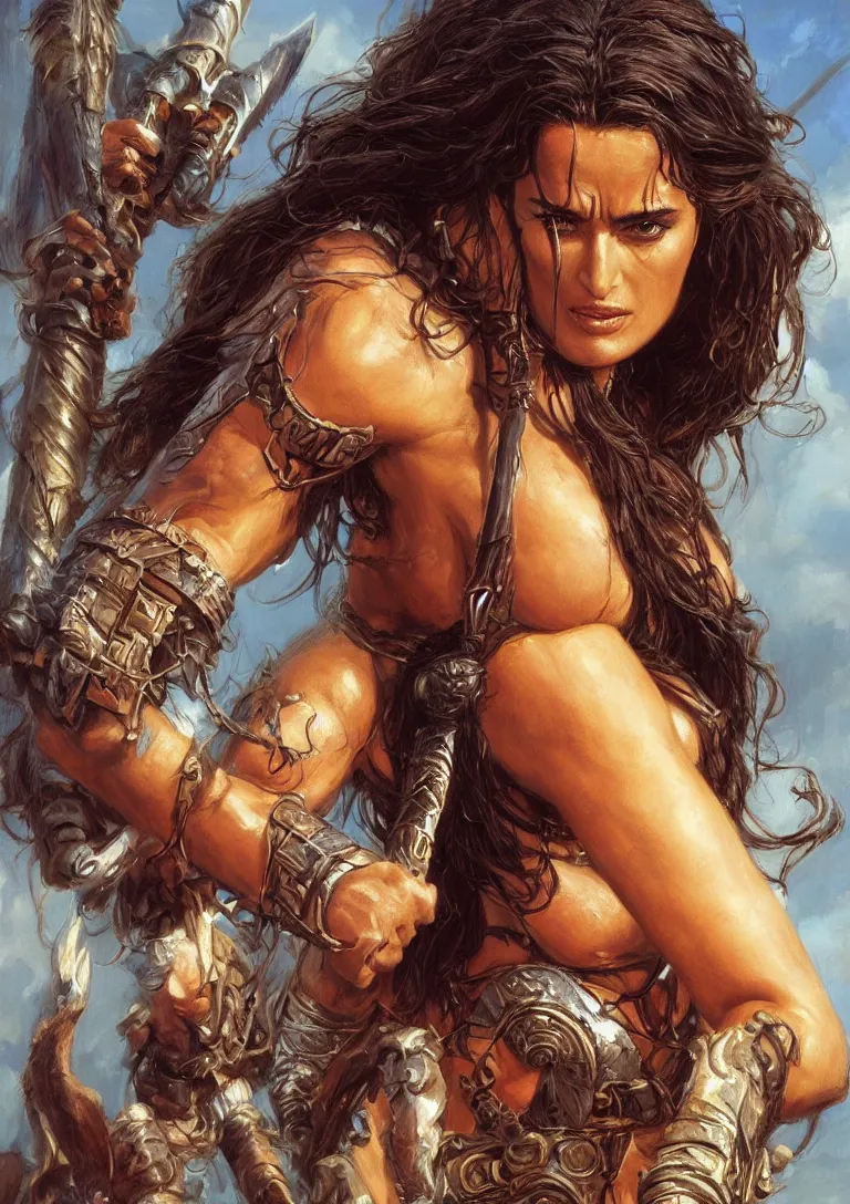Prompt: young Salma Hayek as a barbarian from conan, detailed, centered, digital painting, artstation, concept art, donato giancola, Joseph Christian Leyendecker, WLOP, Boris Vallejo, Breathtaking, 8k resolution, extremely detailed, beautiful, establishing shot, artistic, hyperrealistic, beautiful face, octane render