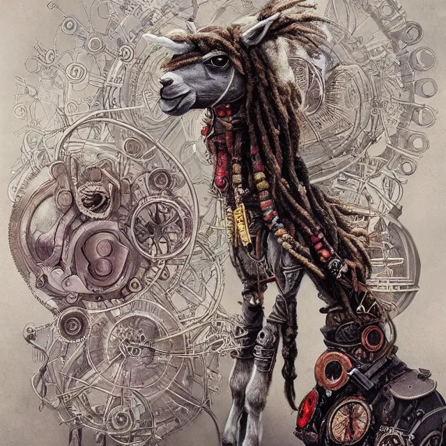 Prompt: llama with dreadlocks, steampunk, by mandy jurgens, ernst haeckel, james jean