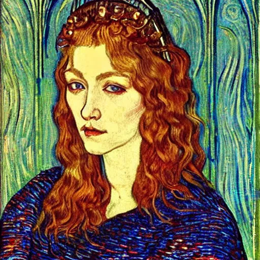 Image similar to detailed realistic beautiful young medieval queen face portrait by jean delville and vincent van gogh, art nouveau, symbolist, visionary, gothic, pre - raphaelite