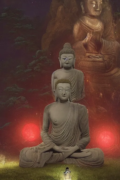 Prompt: a stone statue of buddha sit on the side of the road < bends down > to the < crying girl > who is held by the < ghost of her mother > behind her, craig mullins and ghibli digital art, red lanterns, night sky, stars, unreal engine, hyper realism, realistic shading, cinematic composition, realistic render, octane render, detailed textures, photorealistic