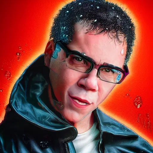 Image similar to gilbert gotfried in the matrix, cartoon portrait made out of rain, realistic, highly detailed, neon, rendered in octane, unreal engine, rain, beautiful, trending on artstation, emotional, photo realistic