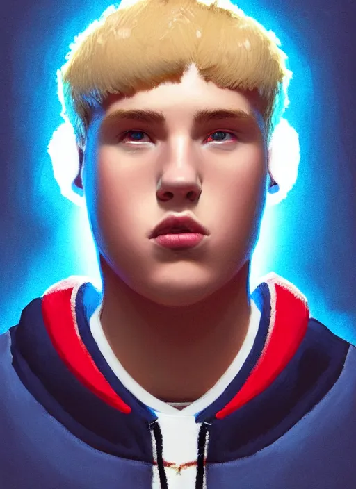 Image similar to portrait of high school senior boy named big moose, blonde short hair, jock, beefy, wide face, square jaw, square facial structure, blue varsity jacket with letter r, intricate, elegant, glowing lights, highly detailed, digital painting, artstation, concept art, sharp focus, illustration, art by wlop, mars ravelo and greg rutkowski