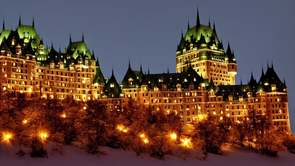 Image similar to Quebec Chateau Frontenac Castle in the style of Scary Stories to tell in the Dark