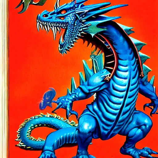 Image similar to half length portrait of a medieval d & d fantasy anthropomorphic blue dragon, d & d rulebook cover art by jeff easley