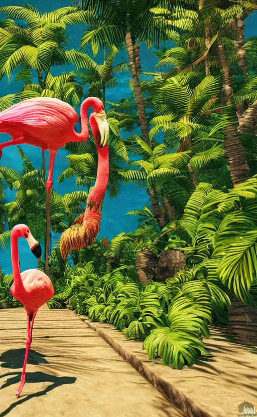 Image similar to unreal engine 5 8 k uhd render of an flamingocore tropicalwave junglepunk abstrafractalmancer, photorealistic, animal photography, photo safari, fashion shoot, lush tropical surroundings, volumetric lighting, sunlight, 1 0 5 mm lens