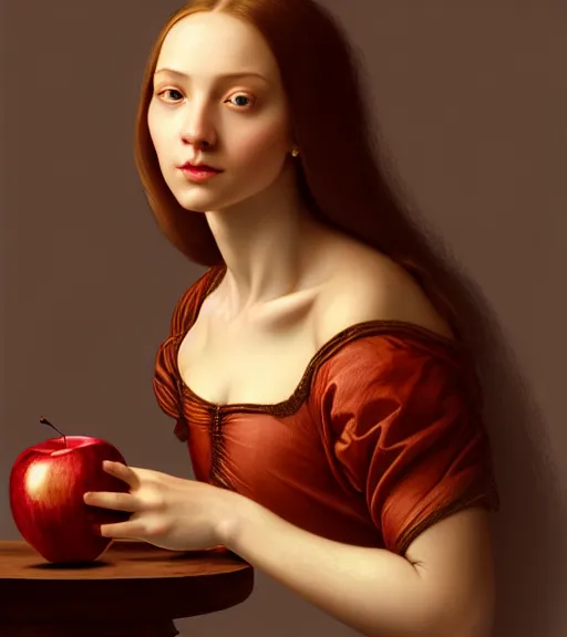 Image similar to portrait of a woman and an apple sitting upon a table with heightened detail, poised, intense emotion, detailed facial expression, detailed surroundings, intricate, elegant, highly detailed, centered, digital painting, artstation, concept art, smooth, sharp focus, illustration, by ( leonardo da vinci ), wlop