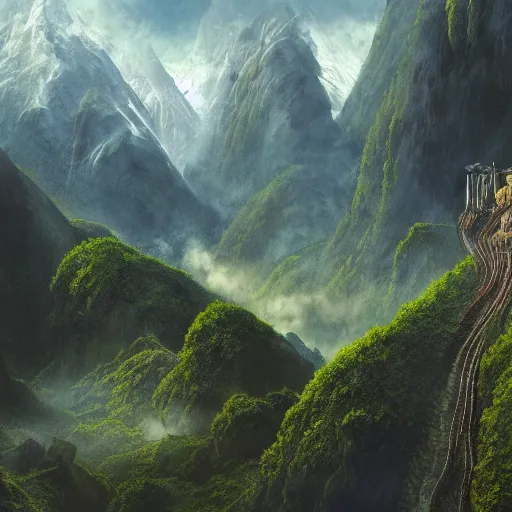 Image similar to a beautiful and highly detailed digital art of nepal in science fiction movie, detailed high buildings and rockets, forgotten valley, swirling mist, lush forests, intricate details, epic scale, insanely complex, 8 k, sharp focus, hyper realism, fantasy landscape, psychedelic, by caspar friedrich,