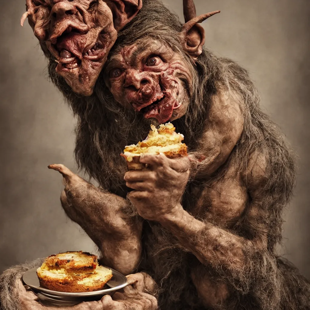 Image similar to closeup portrait of a medieval goblin eating cakes, depth of field, zeiss lens, detailed, symmetrical, centered, fashion photoshoot, by annie leibovitz and steve mccurry, david lazar, jimmy nelsson, breathtaking, 8 k resolution, extremely detailed, beautiful, establishing shot, artistic, hyperrealistic, beautiful face, octane render