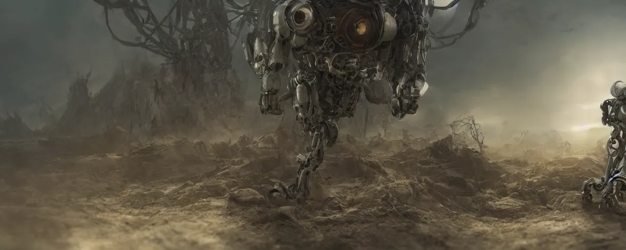 Image similar to an intricate concept art of a human robot coming out of the ground, post - apocalyptic, matte painting, concept art, hyper realistic, cgsociety, artstation, deviantart, style by feng zhu and dylan cole, octane render, anime style