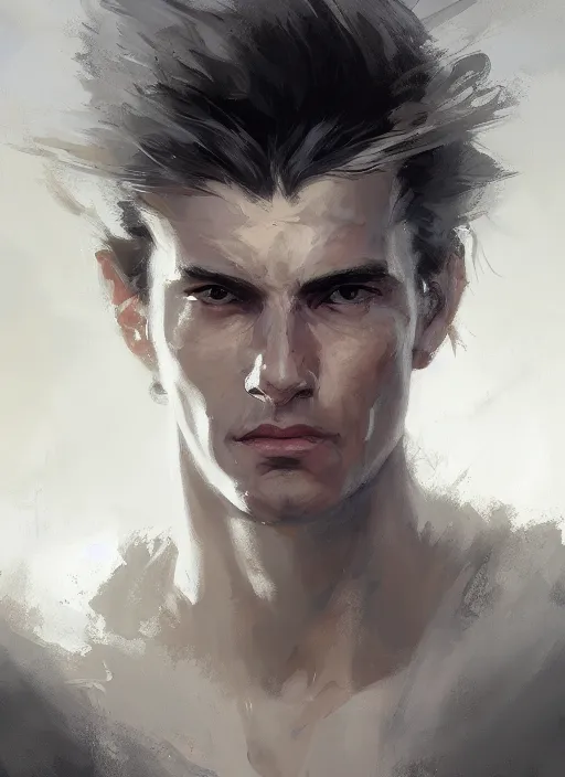 Prompt: handsome young man, long fringy white hair, clean shaven, by jeremy mann, by greg rutkowski, by noah bradley, digital painting