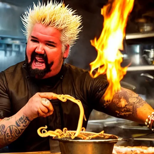 Image similar to guy fieri with tentacles and blade like hair and sharp teeth, in a restaurant kitchen with fire and boiling oil, film still from the movie directed by denis villeneuve with art direction by salvador dali