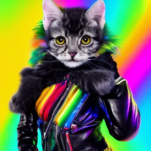 Image similar to wide angle full body, jacket wearing fluffy cute rainbow kitten wearing a black leather motorcycle jacket, cinematic concept art