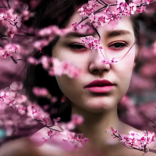 Image similar to double exposure photo of a face of a woman and cherry blossoms, award-winning photograph, 8k UHD