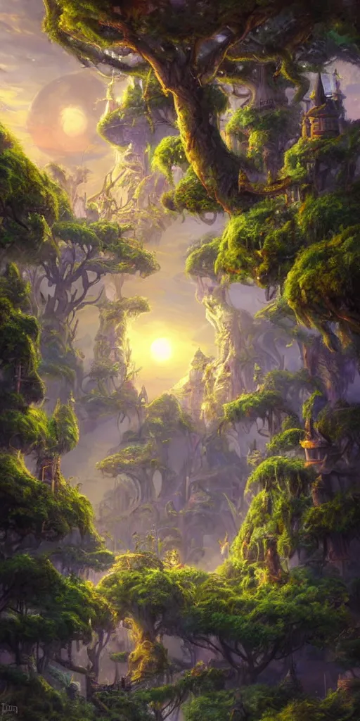 Prompt: a magical kingdom where the sun never sets and the moon is always full. the trees are alive and the air is thick with magic. by tyler edlin.