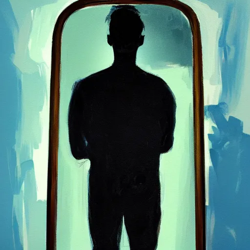 Prompt: a painting of a man standing in front of a mirror in a dark void ambient, a gouache by nathan oliveira and elaine de kooning, cgsociety, figurativism, dark surreal art, painterly, paint strokes, smudged paint, palette knife texture, digital illustration, artstation