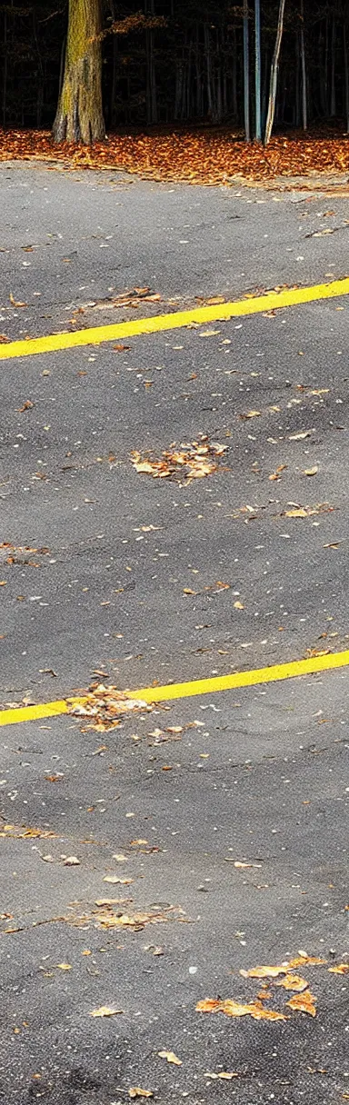 Image similar to “panorama of an abandoned gas station parking lot autumn forest realistic detailed low angle cinematic camera detail cracked pavement wide angle”