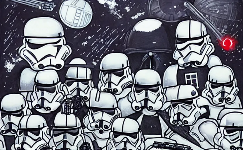 Prompt: darth vader on the death star surrounded by storm troopers and tie fighters, in the style of studio ghibli