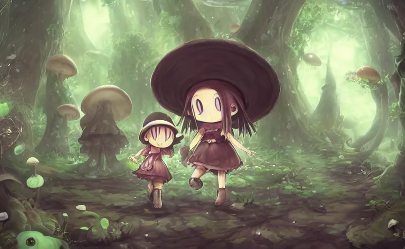 Image similar to cute little girl with an long black wearing an mushroom hat in the dark forest next to a sinister monster, cute, clean detailed art, inspired by made in abyss, detailed background, fantastic world