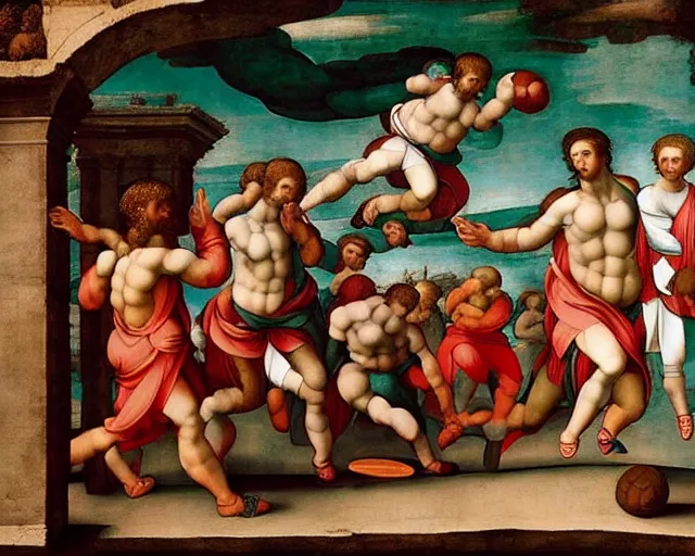 Image similar to “people in ancient greek clothes playing football, landscape zoomed out, renaissance painting by Michelangelo, 8k, hyperdetailed, ultra detail, UHD, high quality”