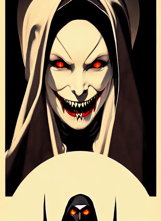 Image similar to scary female vampire nun, symmetrical face, evil grin, nun outfit, portrait size, cinematic, dramatic, super detailed and intricate, by koson ohara, by darwyn cooke, by greg rutkowski, by satoshi kon