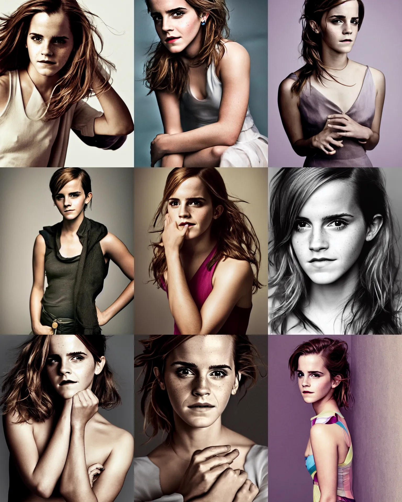 Prompt: Emma Watson professional studio photo by Annie Leibovitz, Peter Hurley, Steve Mccurry, for GQ, perfect face, full length shot, soft studio lighting, colorful, award-winning photography