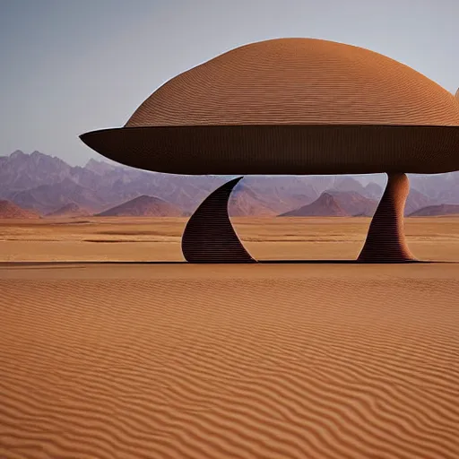 Image similar to architectural photograph by iwan baan of a playful building in the shape of a monitor lizard in the middle of the desert, designed by future systems