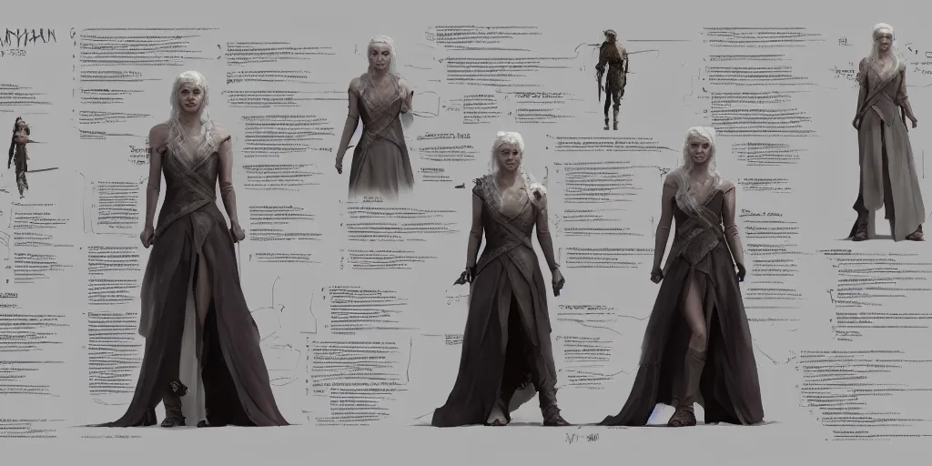 Image similar to daenerys targaryen, character sheet, concept design, contrast, kim jung gi, greg rutkowski, zabrocki, karlkka, jayison devadas, trending on artstation, 8 k, ultra wide angle, pincushion lens effect