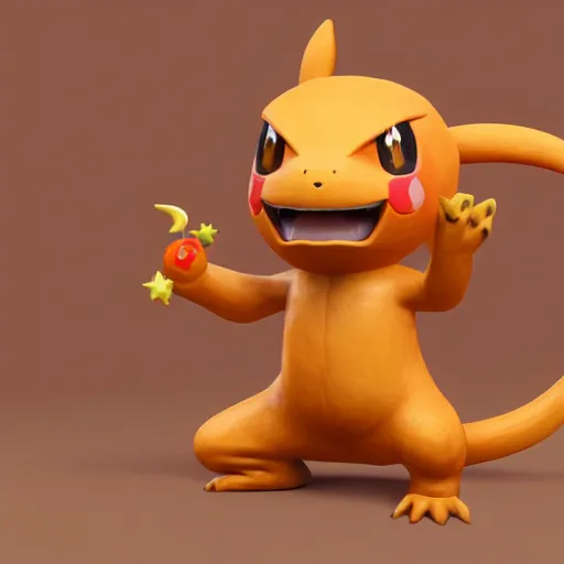 Prompt: wooden sculpture of pokemon charmander, wide shot, vibrant color details, zbrush, hyper realistic, golden ratio, macro lens, unreal engine, octane render, symmetri