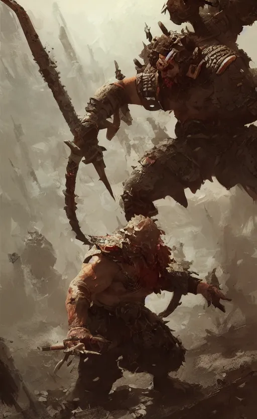 Image similar to a barbarian overlord charging an enemy, painting by Craig Mullins, octane rendering, soft morning lighting, wide angle lens, in the style of Hayao Miyazaki, trending on artstation,