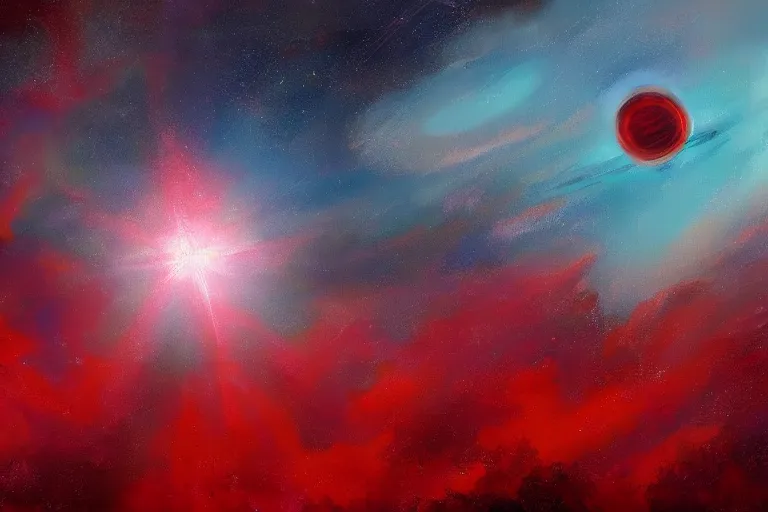 Prompt: A beautiful painting of A giant blurred red star centered in distant space, Trending on artstation