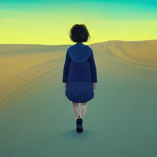 Prompt: closeup giant dahlia flower oder head, girl walking between dunes, surreal photography, sunrise, blue sky, dramatic light, impressionist painting, digital painting, artstation, simon stalenhag