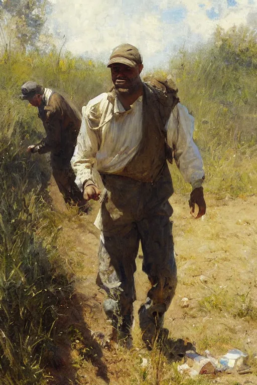 Prompt: Solomon Joseph Solomon and Richard Schmid and Jeremy Lipking painting full length portrait painting of a young man going to work in the field