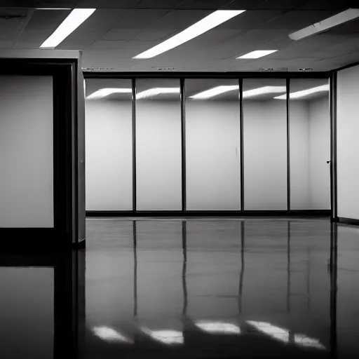 Prompt: an empty office at night, eerie atmosphere, white hue